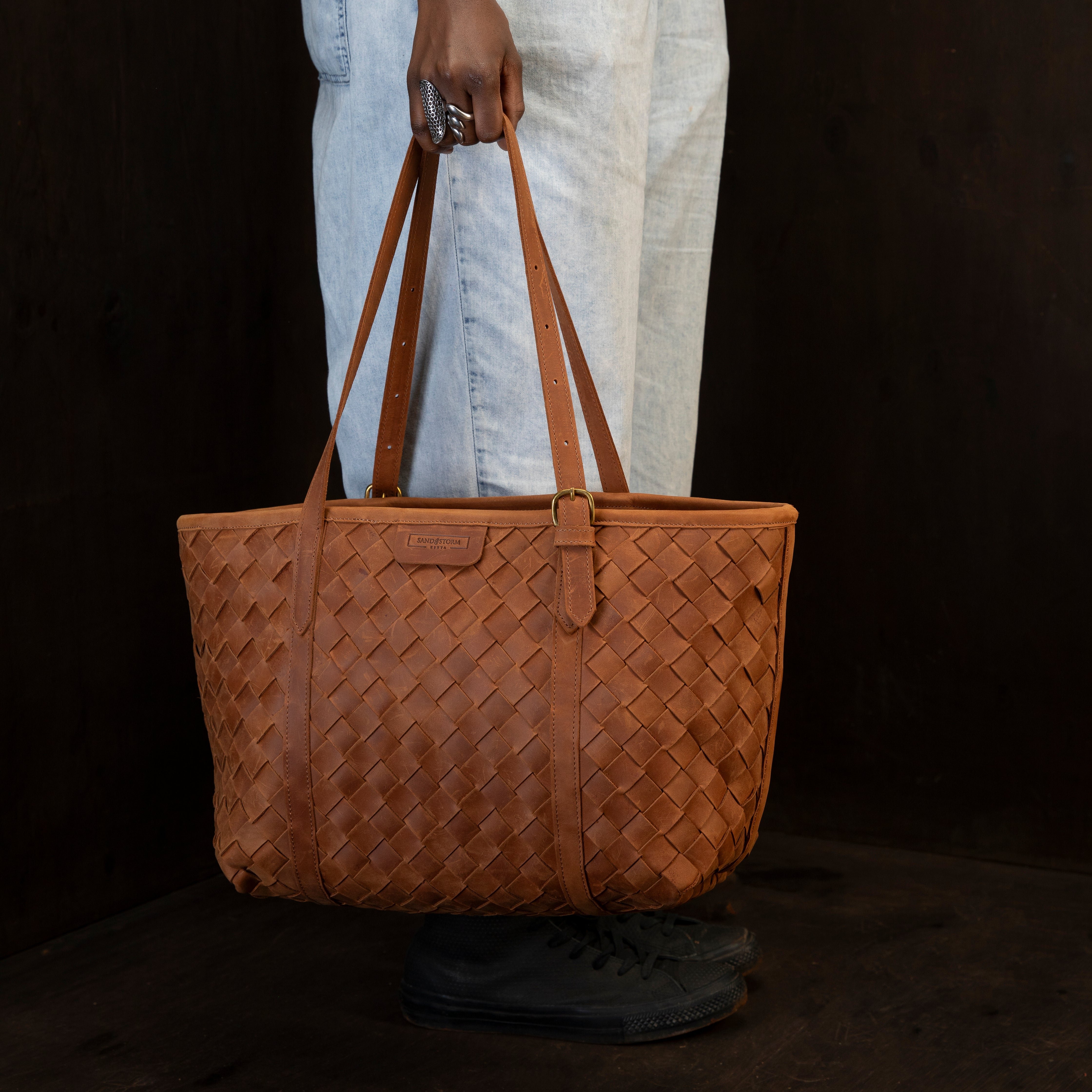Pull-up Leather Woven Tote