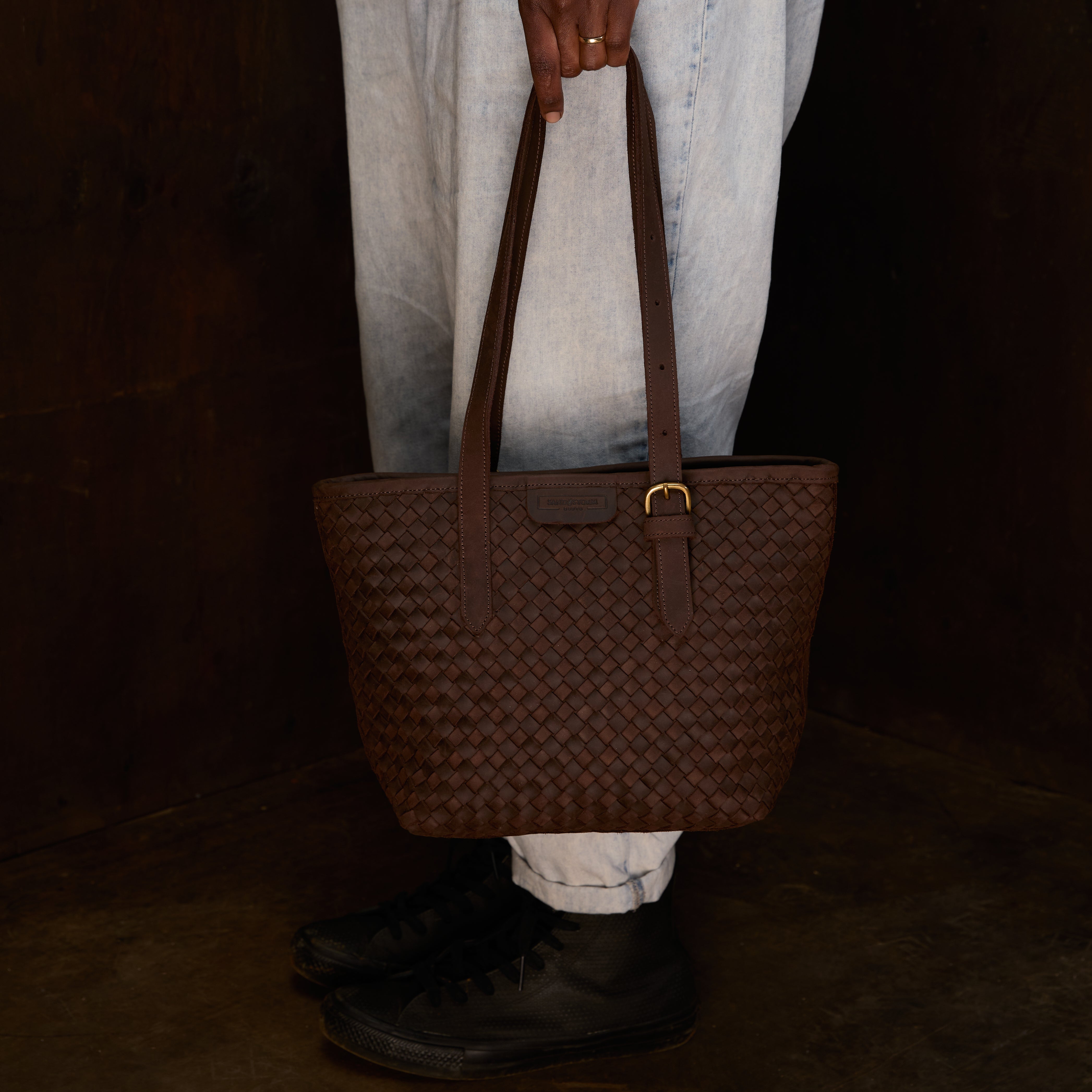 Pull-up Leather Woven Tote - Small