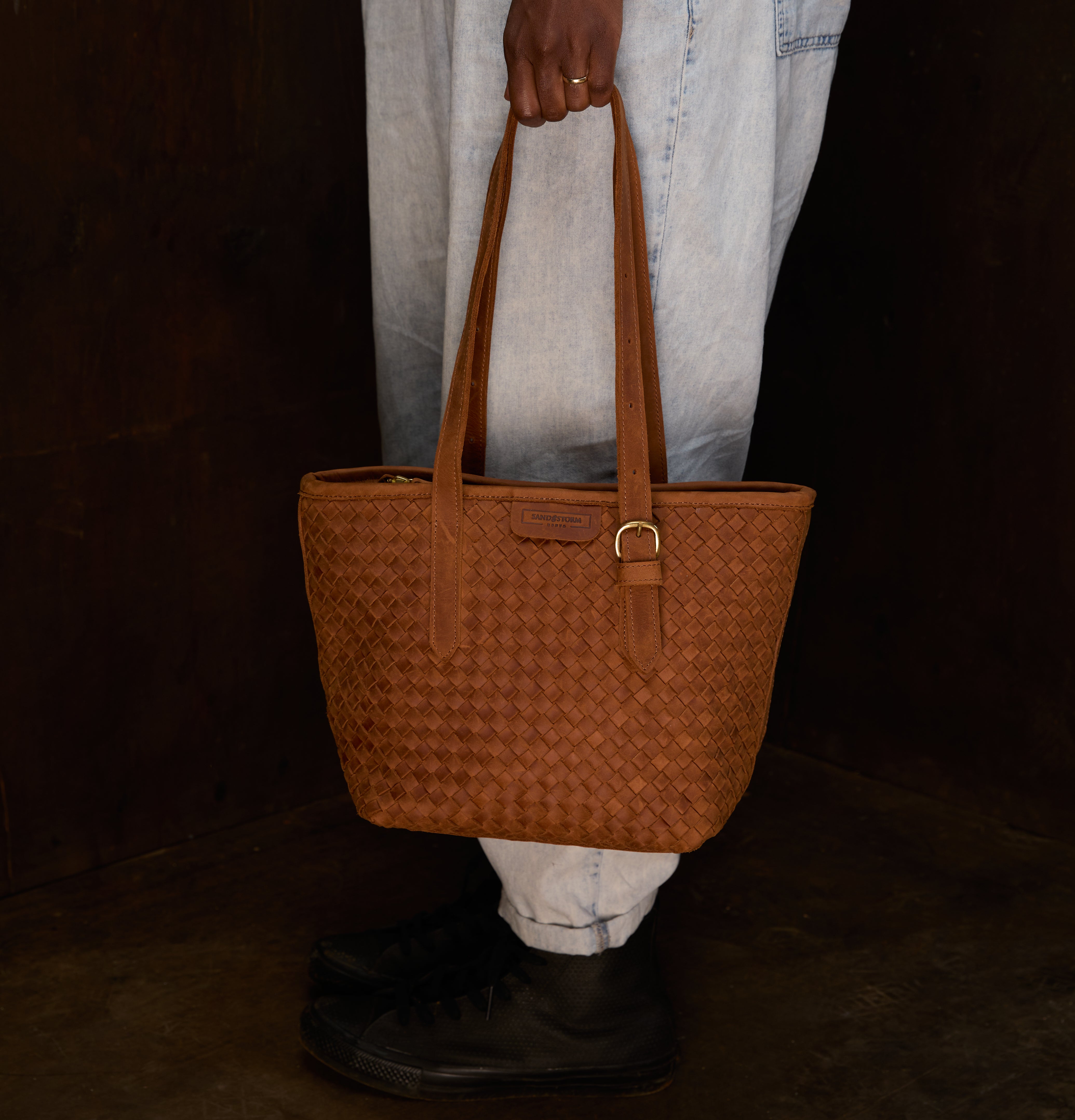 Pull-up Leather Woven Tote - Small