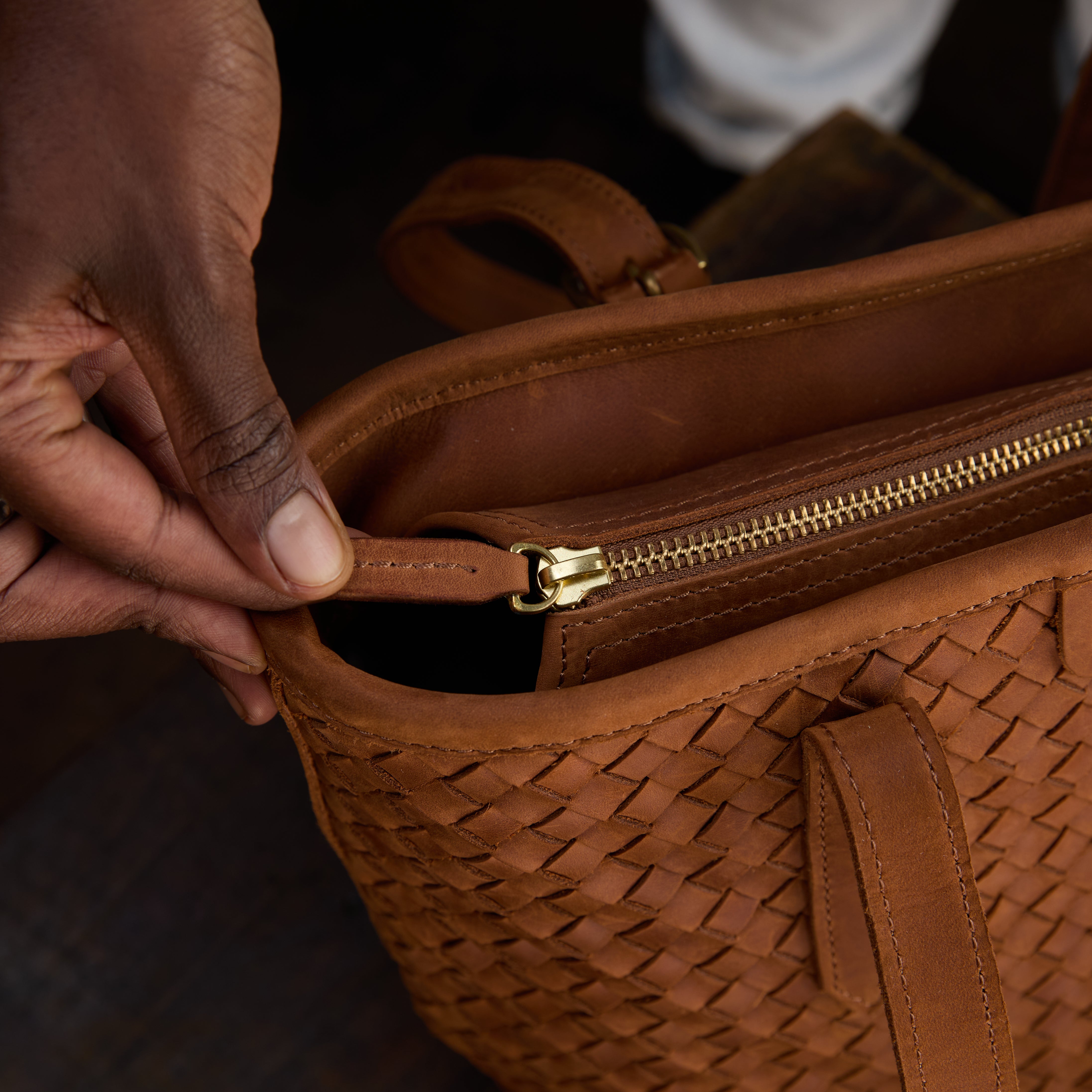 Pull-up Leather Woven Tote - Small